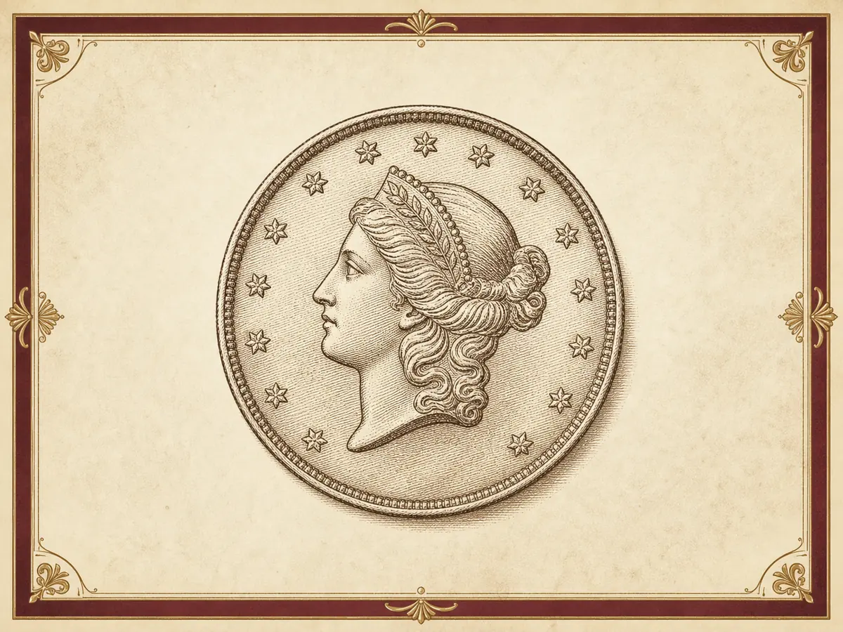 Vintage catalog illustration of a collectible coin in a framed plate