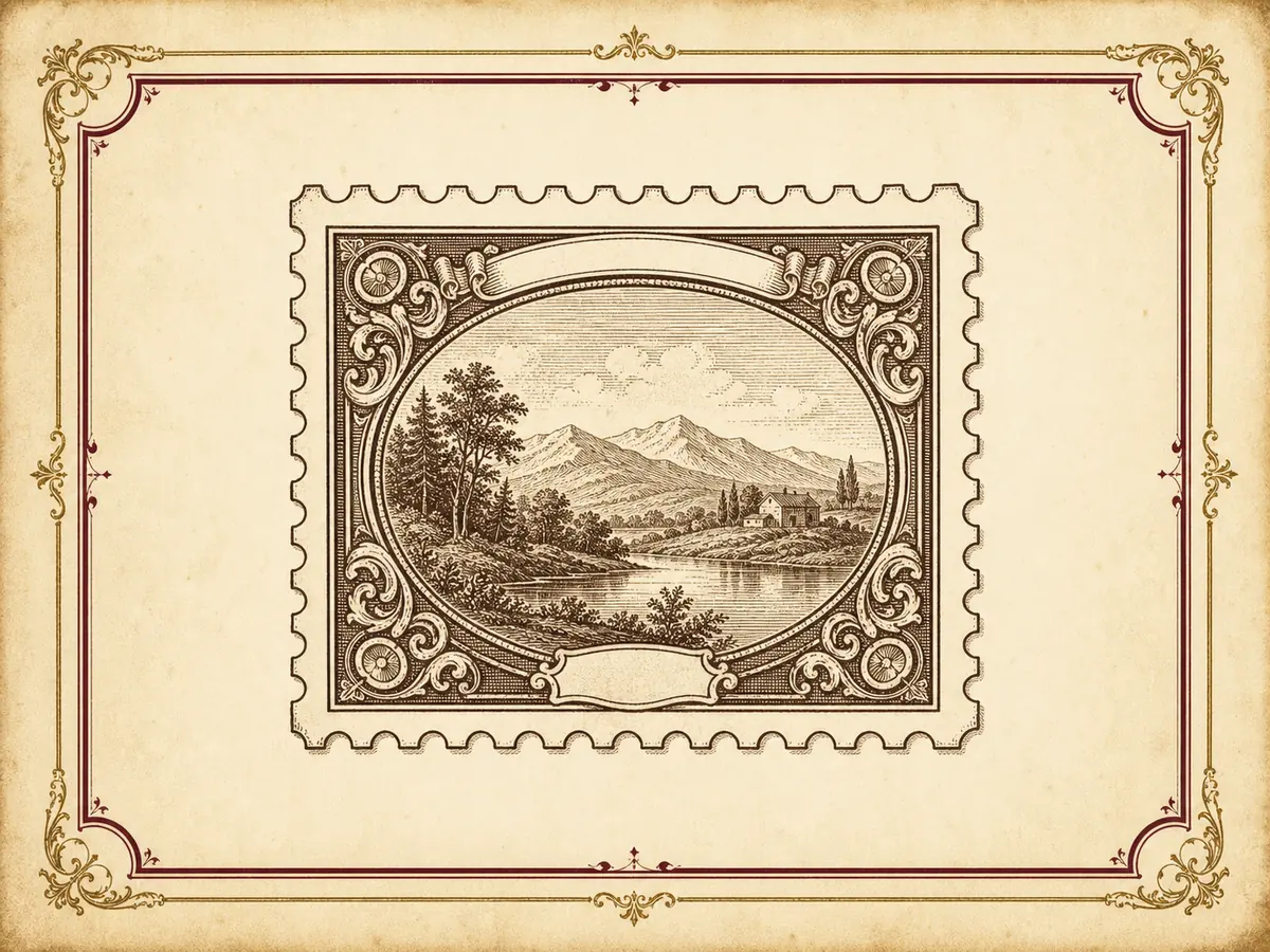 Vintage catalog illustration of a postage stamp with an ornate border