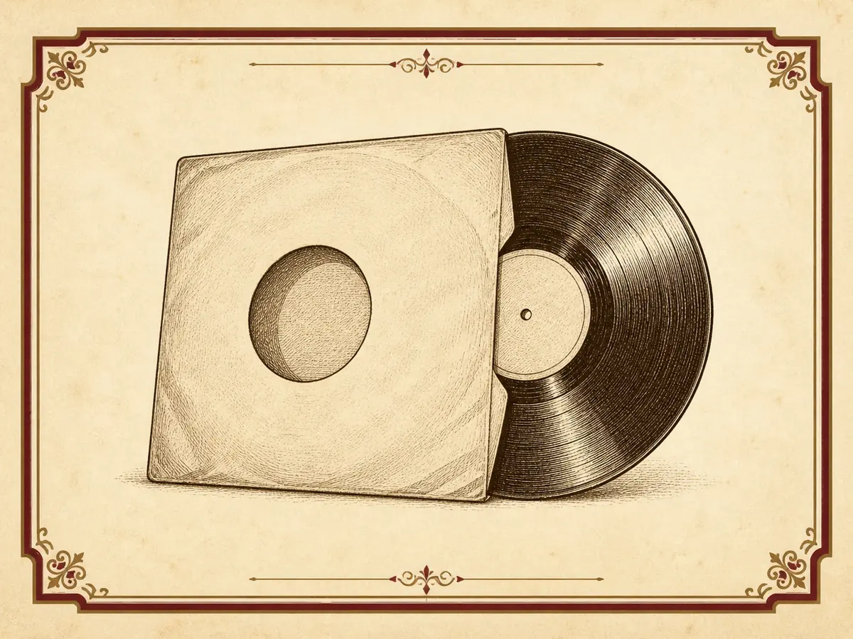 Vintage catalog illustration of a vinyl record partly removed from a sleeve