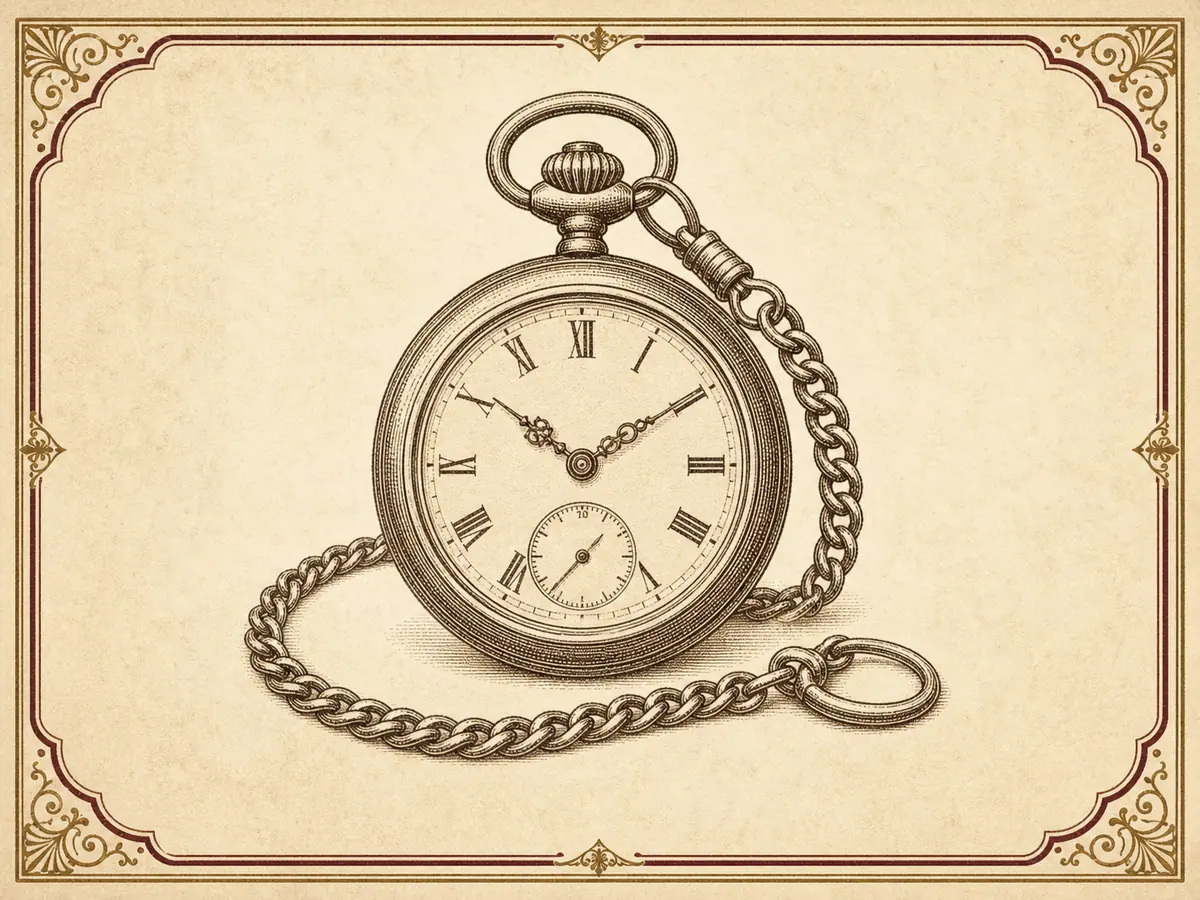 Vintage catalog illustration of an antique pocket watch with chain